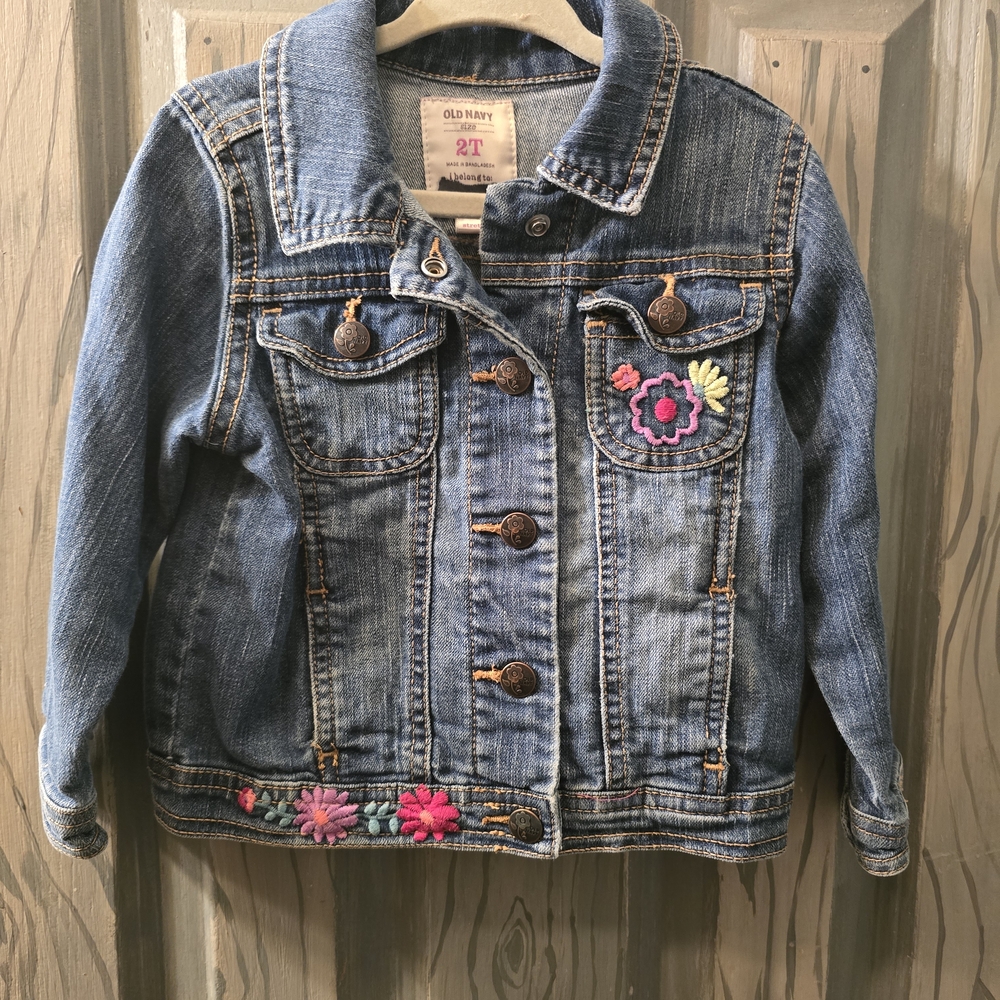 Old Navy Kids Blue Jean Jacket with Pink Floral Embroidery